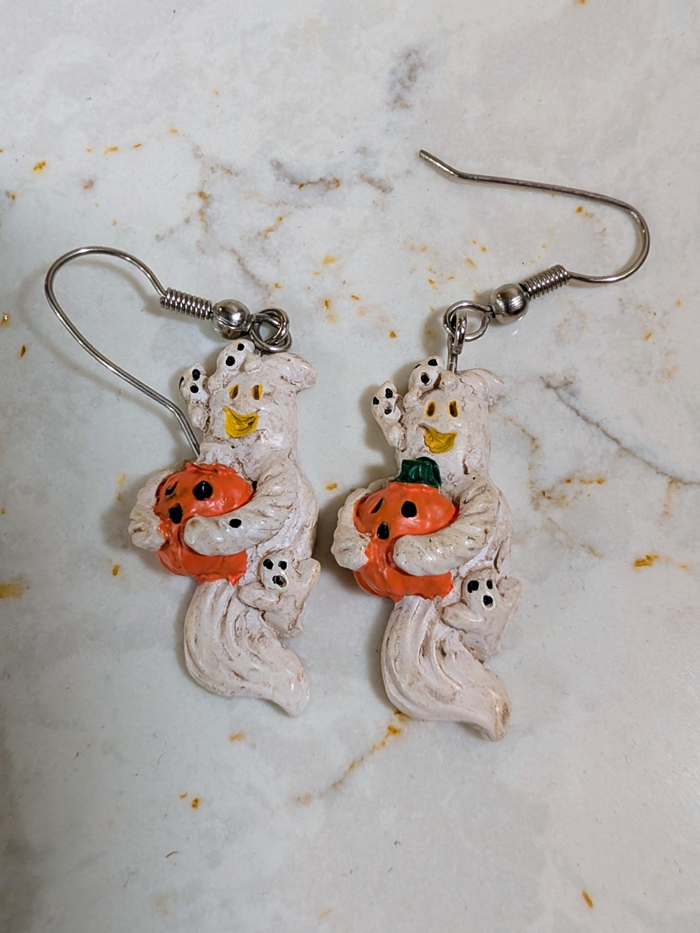 Halloween Ghost Pumpkin Dangle Earrings Jack O Lantern Spooky Cute Pierced